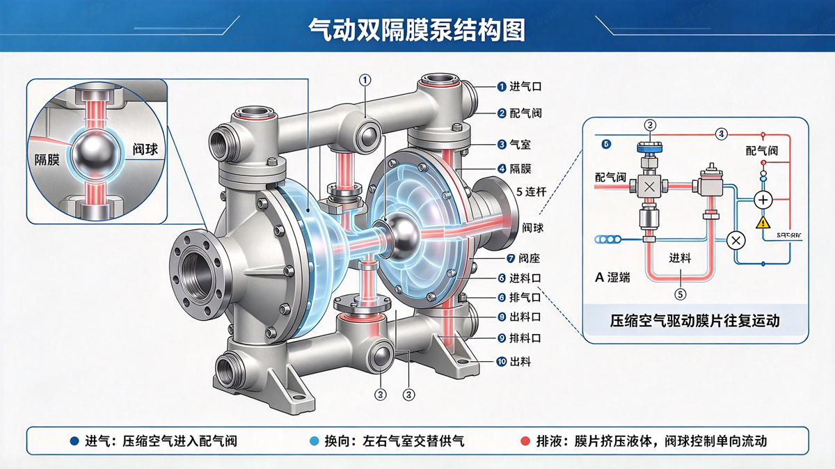 隔膜泵扬程及选型 气动隔膜泵结构示意图